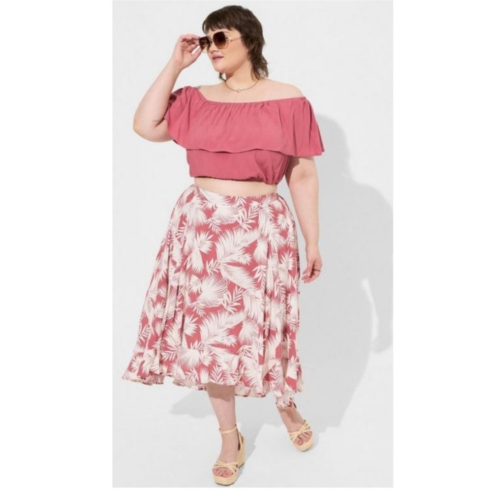 Torrid Midi Challis off shoulder high low Floral Pink Skirt set